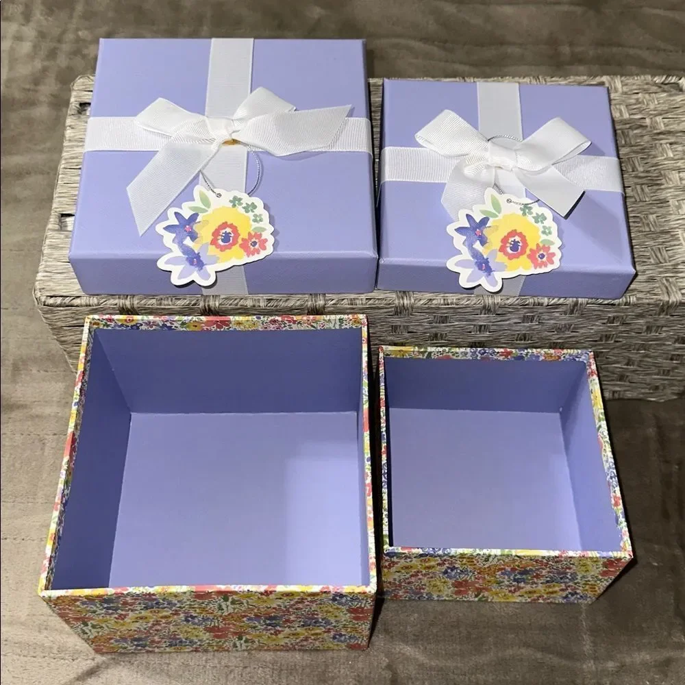 SHABBY CHIC Two Floral Lavender Top White Bow Square Nesting Gift Boxes